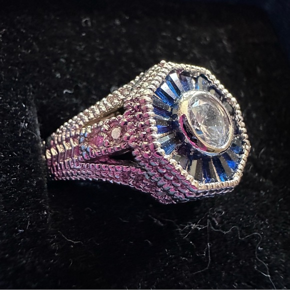 Art Deco Style Sterling Silver and Blue Gemstone Engagement Ring - Picture 8 of 10